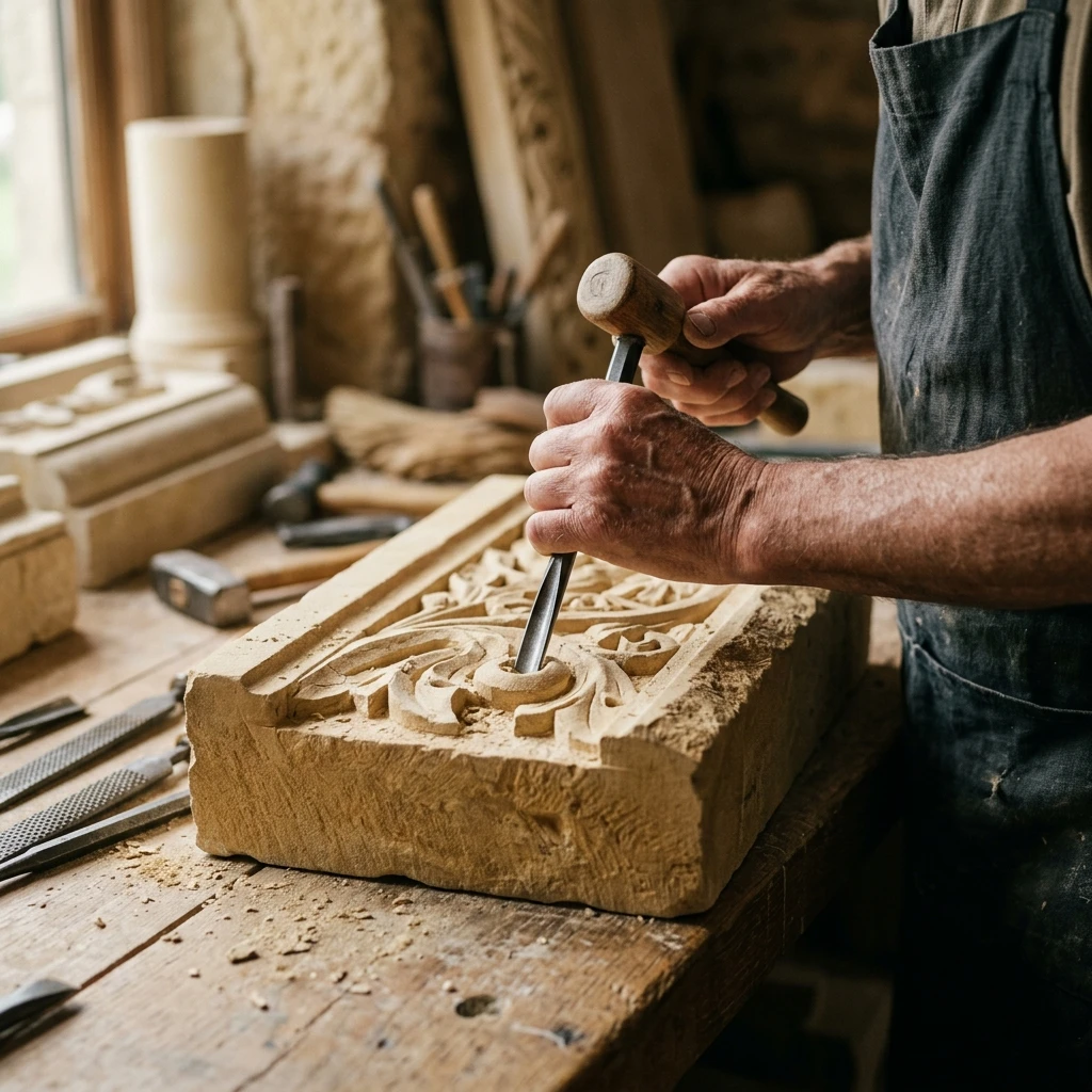 Master artisan carving stone by hand