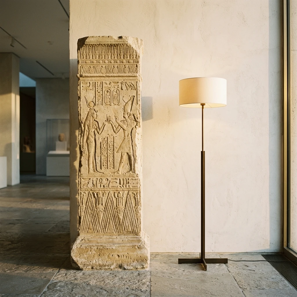 Ancient carved stone pillar beside a bronze lamp in soft sunlight