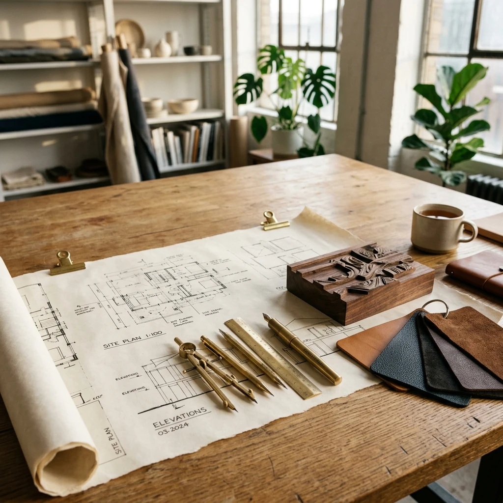 Modern artisan workshop with sketches and tools